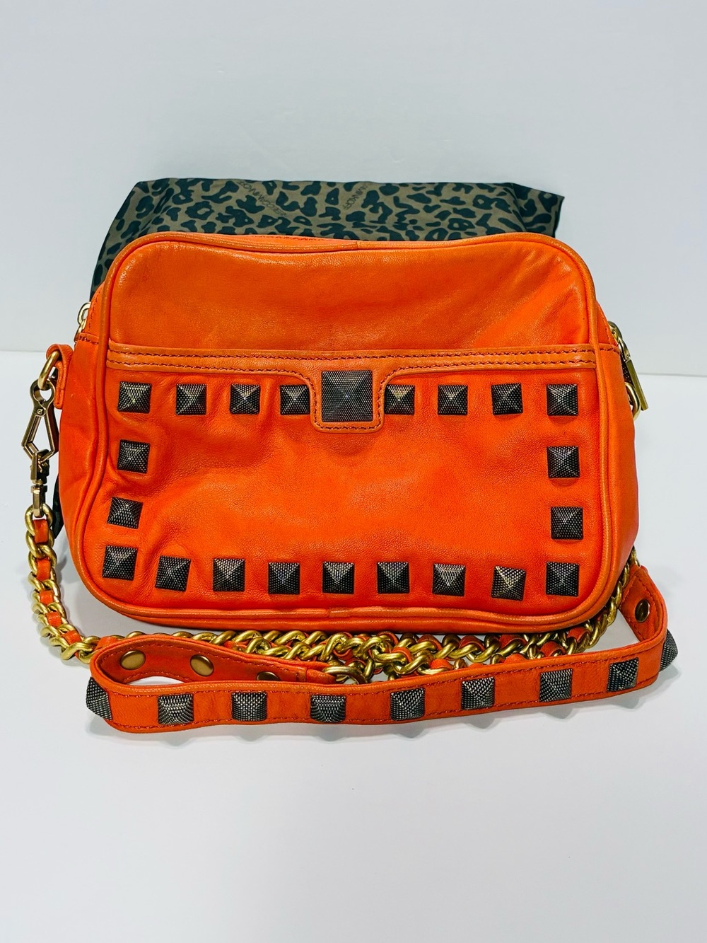 Rebecca Minkoff Orange Crossbody Bag Gold Textured Pyramid Studs 6"H x 8"W x 2"D